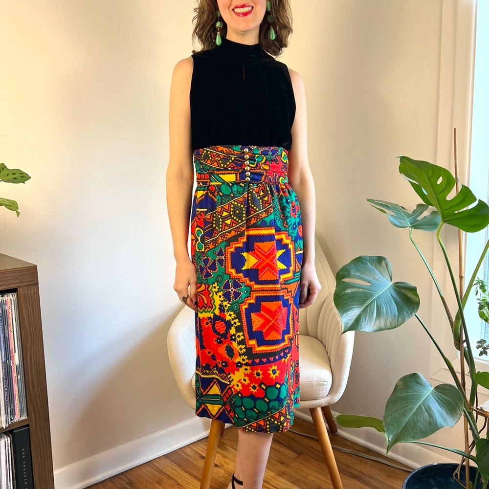 Vintage 60s Midi Dress w/ Black Velvet Bodice & Colorful Print Skirt
